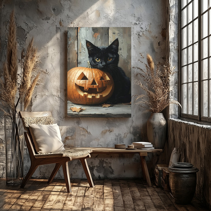 Black Cat & Jack-O'-Lantern Canvas – Moody Halloween Still Life with Rustic Charm - Gifitto