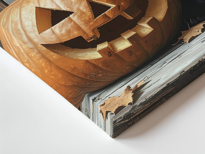 Black Cat & Jack-O'-Lantern Canvas – Moody Halloween Still Life with Rustic Charm - Gifitto