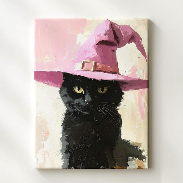 Black Cat with Pink Witch Hat Canvas – Cute Painterly Halloween Art - Gifitto