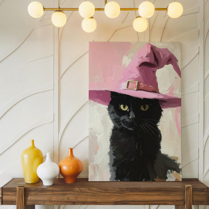 Black Cat with Pink Witch Hat Canvas – Cute Painterly Halloween Art - Gifitto