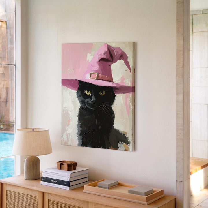 Black Cat with Pink Witch Hat Canvas – Cute Painterly Halloween Art - Gifitto