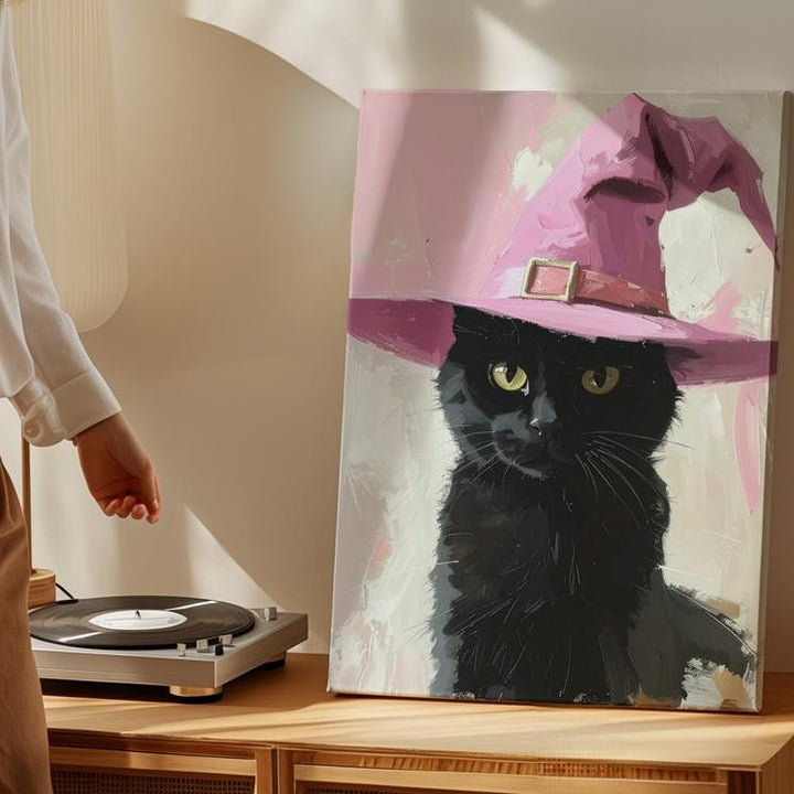 Black Cat with Pink Witch Hat Canvas – Cute Painterly Halloween Art - Gifitto