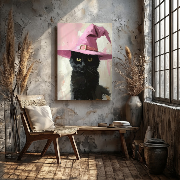 Black Cat with Pink Witch Hat Canvas – Cute Painterly Halloween Art - Gifitto