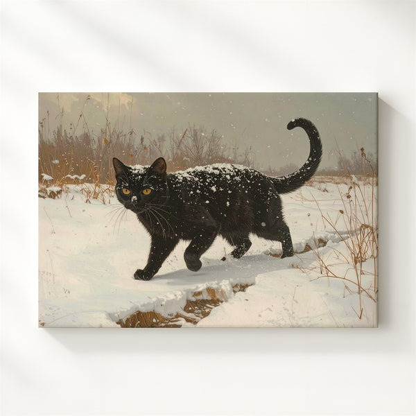 Mystical Black Cat Canvas – Winter Snowfield with Playful Elegance - Gifitto