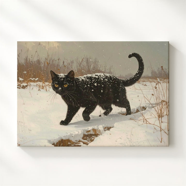 Mystical Black Cat Canvas – Winter Snowfield with Playful Elegance - Gifitto