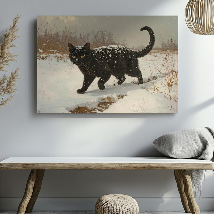 Mystical Black Cat Canvas – Winter Snowfield with Playful Elegance - Gifitto
