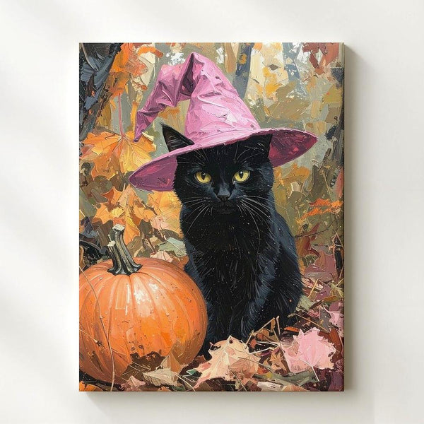 Cozy Black Cat Canvas – Pink Witch Hat & Autumn Pumpkin Art - Gifitto