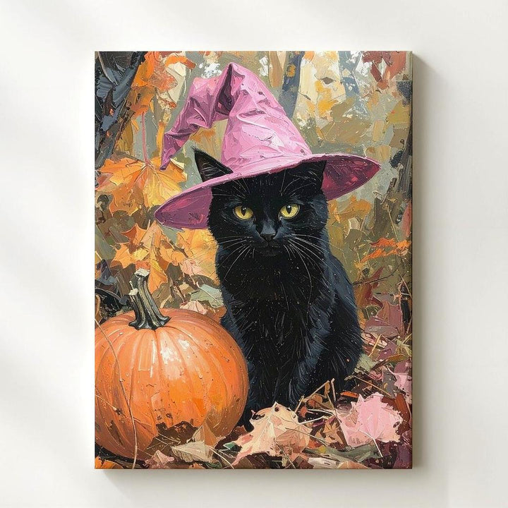 Cozy Black Cat Canvas – Pink Witch Hat & Autumn Pumpkin Art - Gifitto