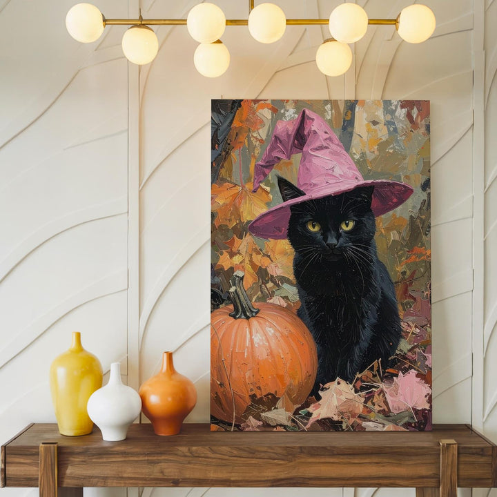 Cozy Black Cat Canvas – Pink Witch Hat & Autumn Pumpkin Art - Gifitto