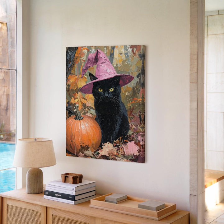 Cozy Black Cat Canvas – Pink Witch Hat & Autumn Pumpkin Art - Gifitto