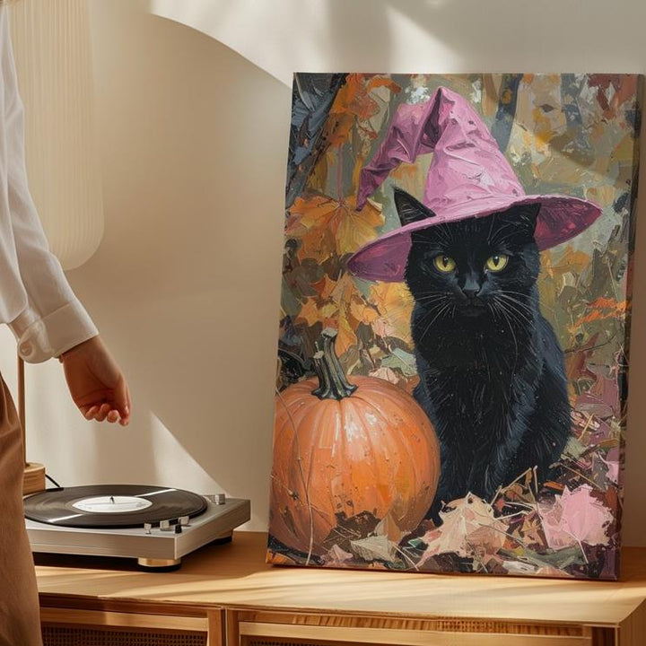 Cozy Black Cat Canvas – Pink Witch Hat & Autumn Pumpkin Art - Gifitto
