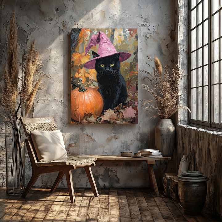 Cozy Black Cat Canvas – Pink Witch Hat & Autumn Pumpkin Art - Gifitto