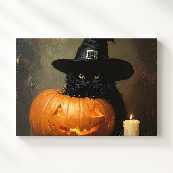 Witch Hat Black Cat Canvas – Mystical Halloween Scene with Jack-o’-Lantern & Candles - Gifitto