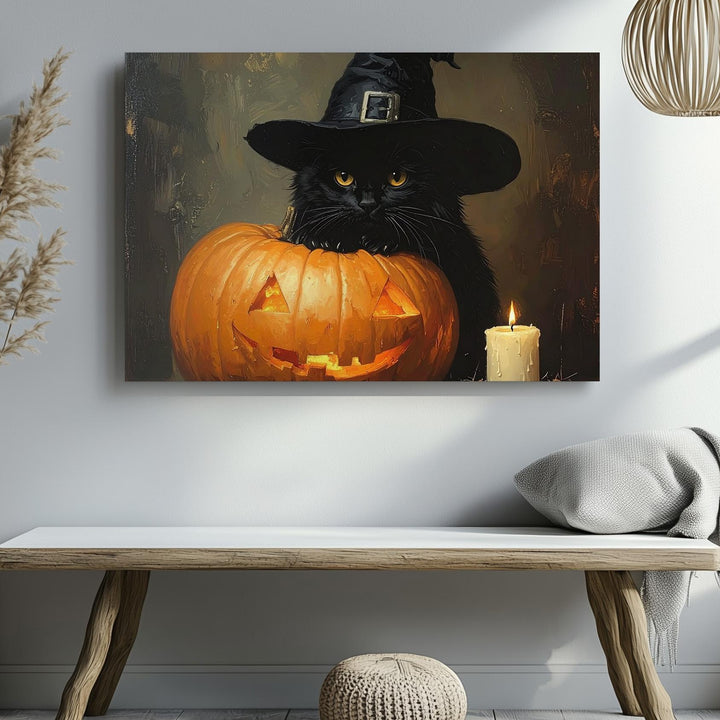 Witch Hat Black Cat Canvas – Mystical Halloween Scene with Jack-o’-Lantern & Candles - Gifitto