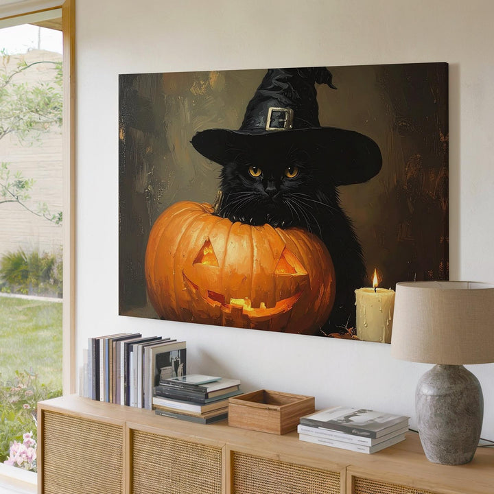 Witch Hat Black Cat Canvas – Mystical Halloween Scene with Jack-o’-Lantern & Candles - Gifitto
