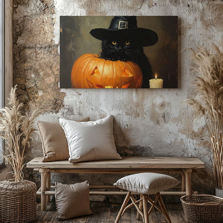 Witch Hat Black Cat Canvas – Mystical Halloween Scene with Jack-o’-Lantern & Candles - Gifitto