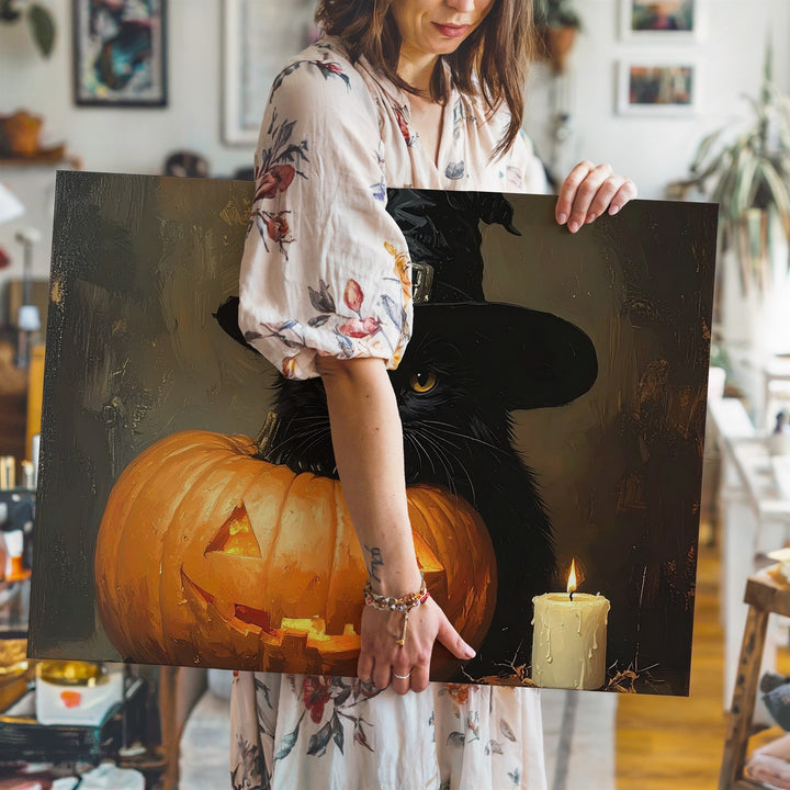 Witch Hat Black Cat Canvas – Mystical Halloween Scene with Jack-o’-Lantern & Candles - Gifitto
