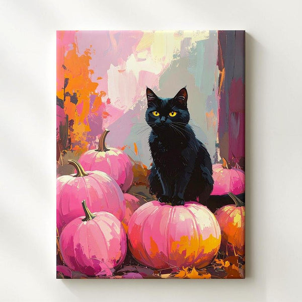 Glowing Black Cat & Pink Pumpkins Canvas – Dreamy Halloween Autumn Art - Gifitto