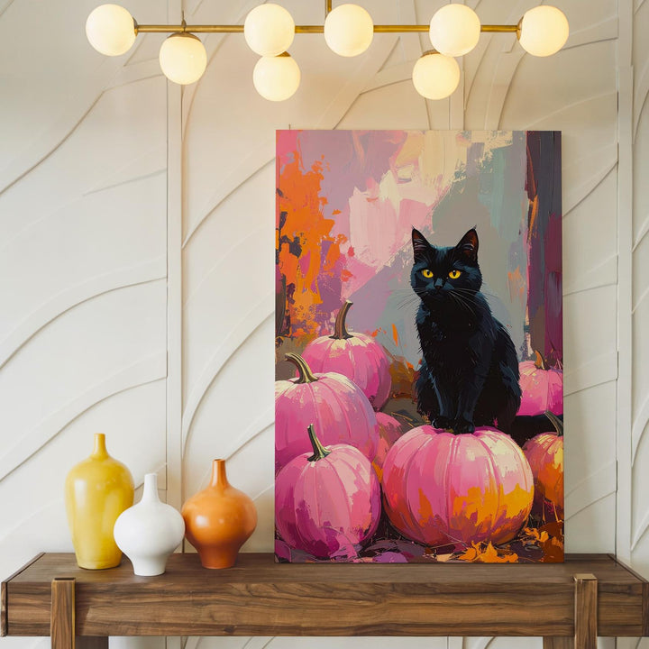 Glowing Black Cat & Pink Pumpkins Canvas – Dreamy Halloween Autumn Art - Gifitto