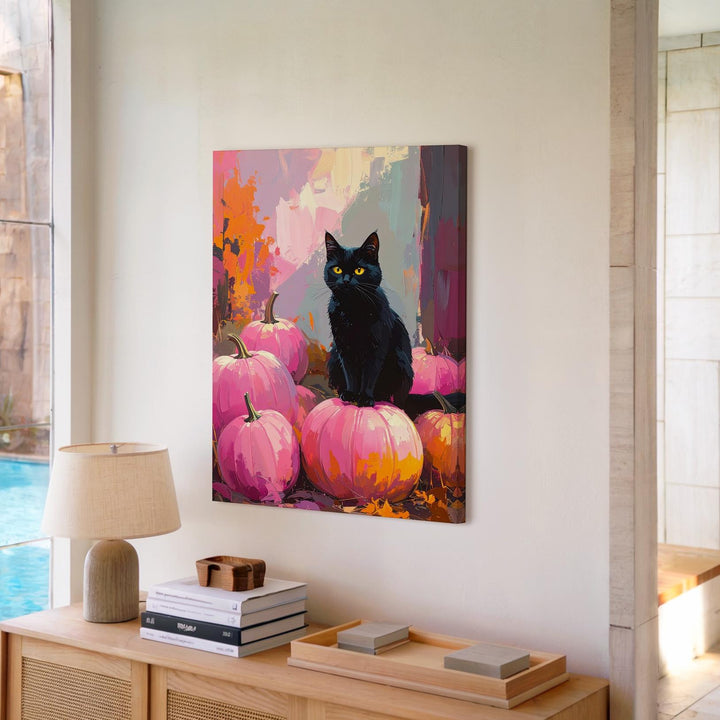 Glowing Black Cat & Pink Pumpkins Canvas – Dreamy Halloween Autumn Art - Gifitto