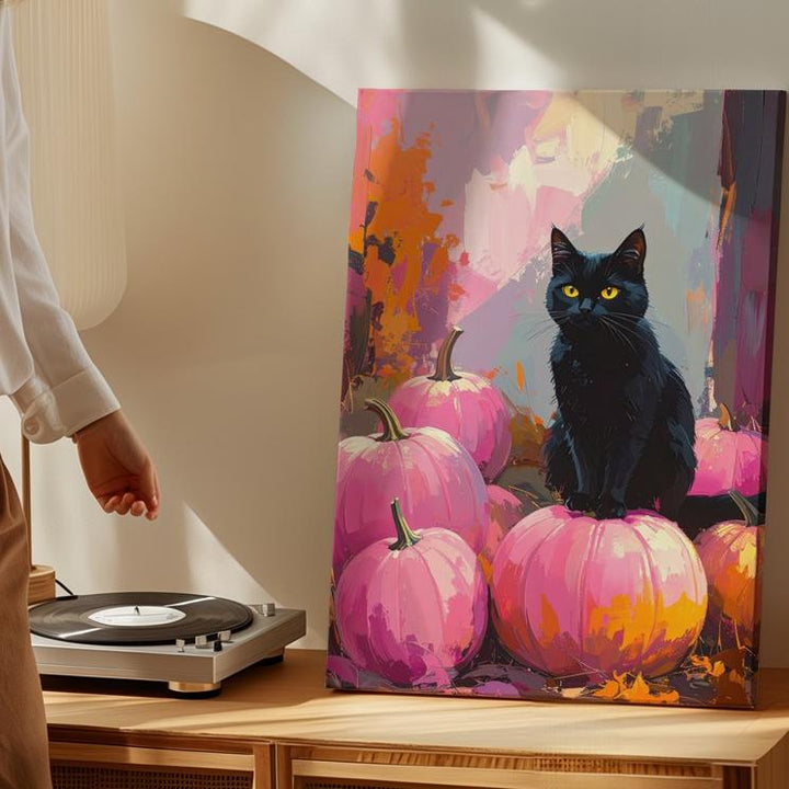 Glowing Black Cat & Pink Pumpkins Canvas – Dreamy Halloween Autumn Art - Gifitto