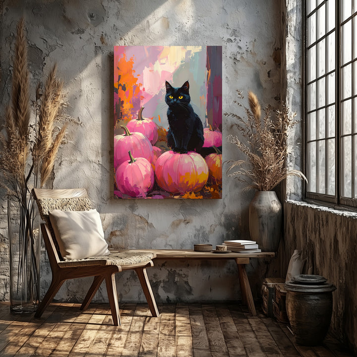 Glowing Black Cat & Pink Pumpkins Canvas – Dreamy Halloween Autumn Art - Gifitto