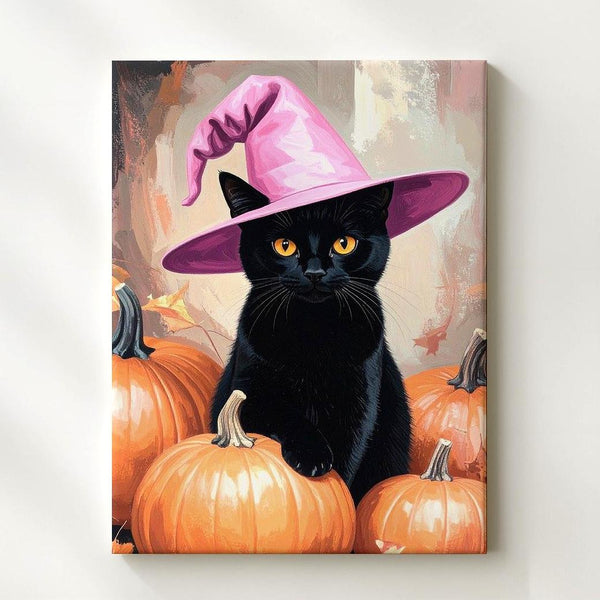 Black Cat in Pink Hat Canvas – Halloween Art with Pumpkins & Orange Eyes - Gifitto