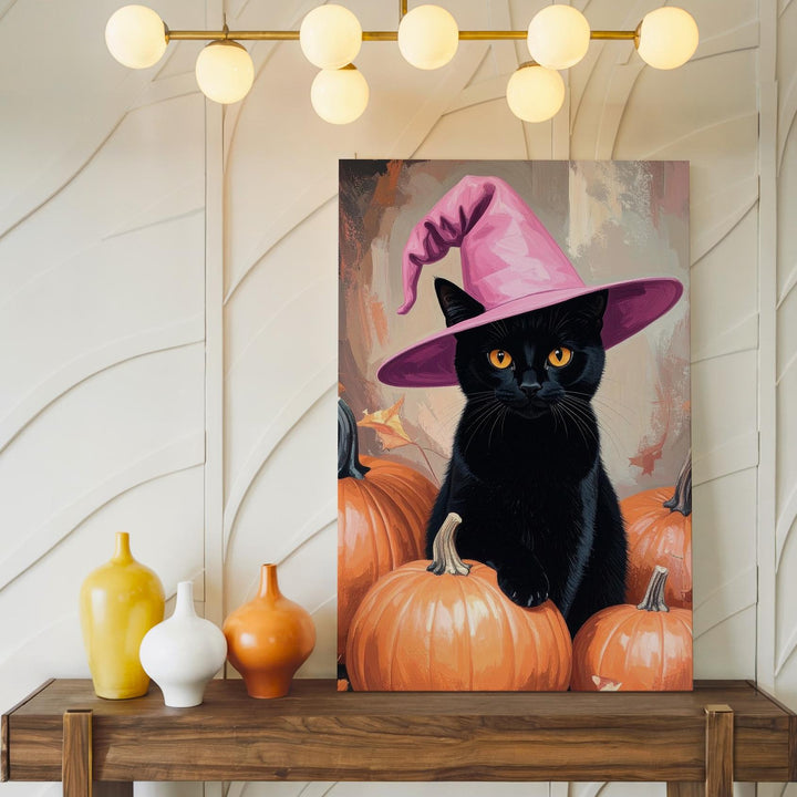 Black Cat in Pink Hat Canvas – Halloween Art with Pumpkins & Orange Eyes - Gifitto