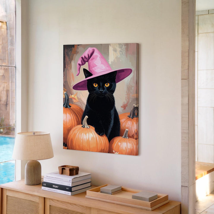 Black Cat in Pink Hat Canvas – Halloween Art with Pumpkins & Orange Eyes - Gifitto