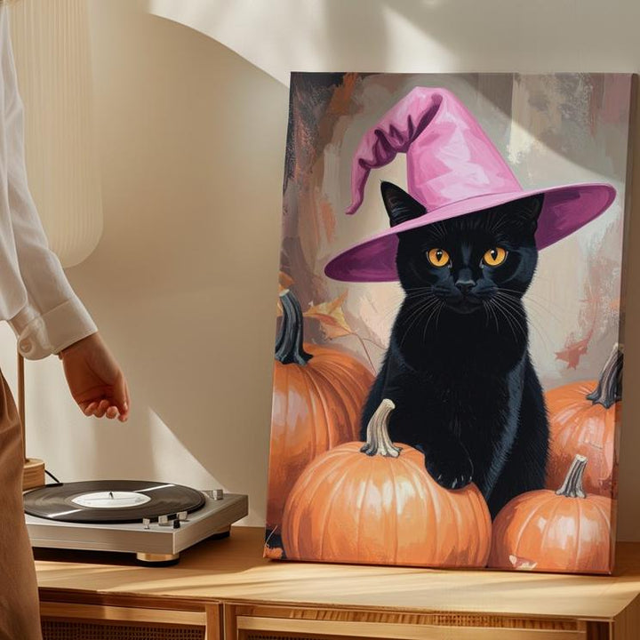 Black Cat in Pink Hat Canvas – Halloween Art with Pumpkins & Orange Eyes - Gifitto