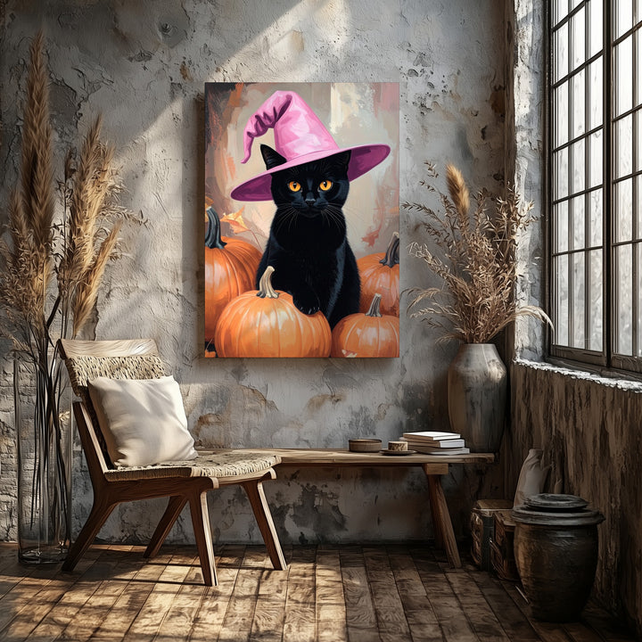 Black Cat in Pink Hat Canvas – Halloween Art with Pumpkins & Orange Eyes - Gifitto