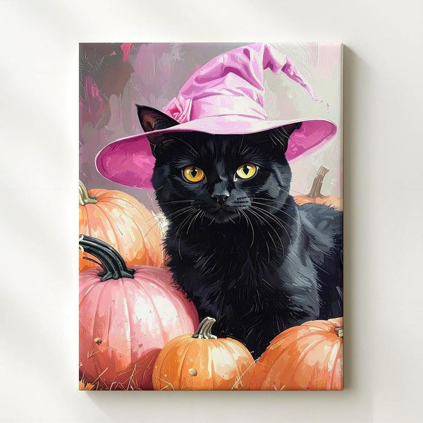 Black Cat with Yellow Eyes Canvas – Pink Witch Hat & Pumpkin Halloween Portrait - Gifitto