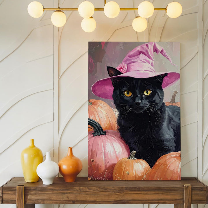 Black Cat with Yellow Eyes Canvas – Pink Witch Hat & Pumpkin Halloween Portrait - Gifitto