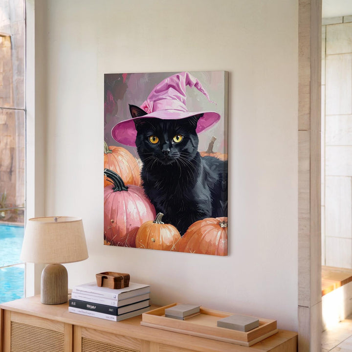 Black Cat with Yellow Eyes Canvas – Pink Witch Hat & Pumpkin Halloween Portrait - Gifitto