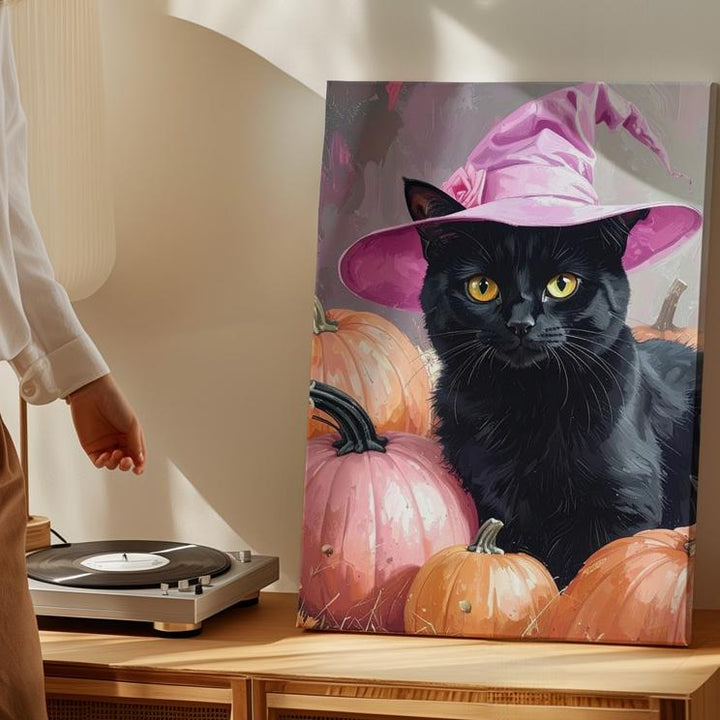 Black Cat with Yellow Eyes Canvas – Pink Witch Hat & Pumpkin Halloween Portrait - Gifitto