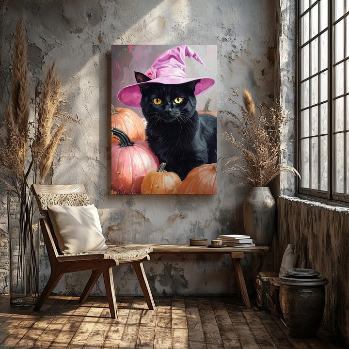 Black Cat with Yellow Eyes Canvas – Pink Witch Hat & Pumpkin Halloween Portrait - Gifitto