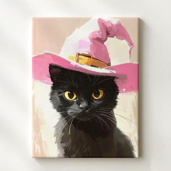 Black Cat in Pink Witch Hat Canvas – Elegant Halloween Character Portrait - Gifitto