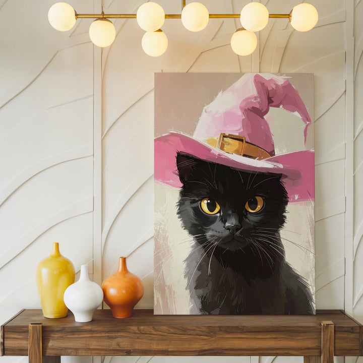 Black Cat in Pink Witch Hat Canvas – Elegant Halloween Character Portrait - Gifitto