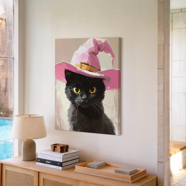 Black Cat in Pink Witch Hat Canvas – Elegant Halloween Character Portrait - Gifitto