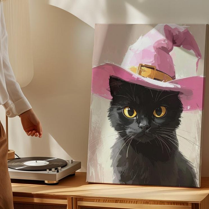 Black Cat in Pink Witch Hat Canvas – Elegant Halloween Character Portrait - Gifitto