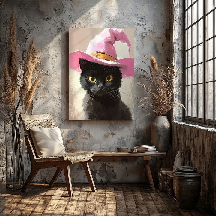 Black Cat in Pink Witch Hat Canvas – Elegant Halloween Character Portrait - Gifitto