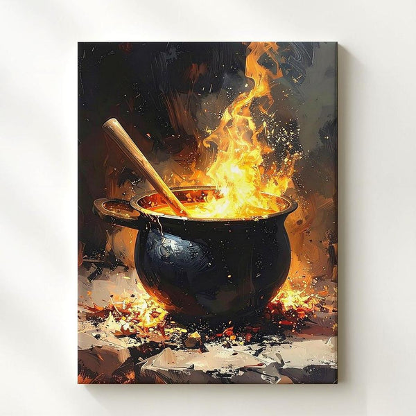 Fiery Witch’s Cauldron Canvas – Bubbling Halloween Spellcasting Wall Art - Gifitto