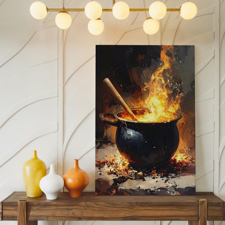 Fiery Witch’s Cauldron Canvas – Bubbling Halloween Spellcasting Wall Art - Gifitto