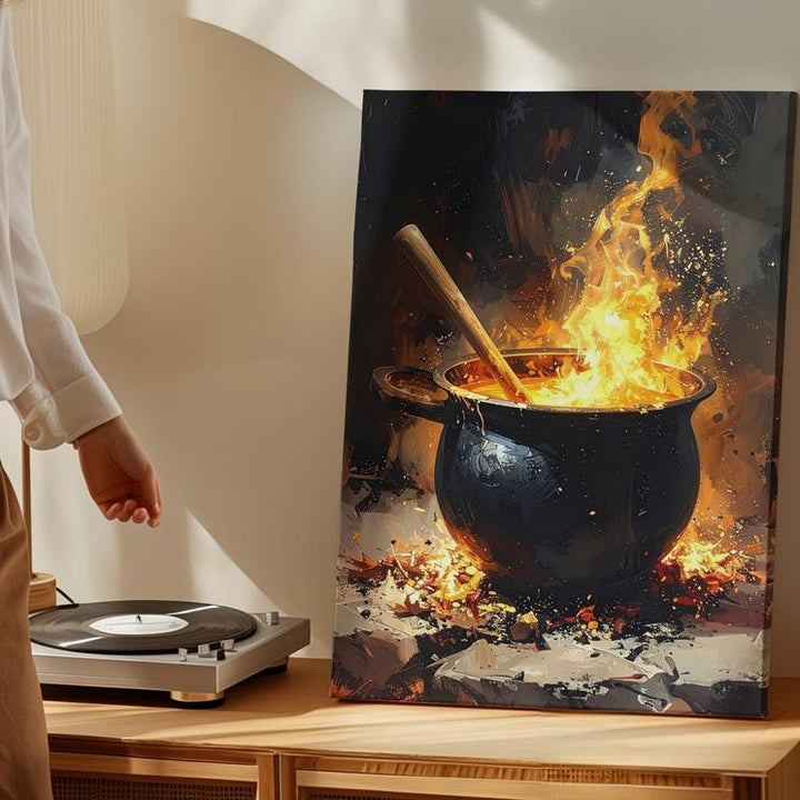 Fiery Witch’s Cauldron Canvas – Bubbling Halloween Spellcasting Wall Art - Gifitto