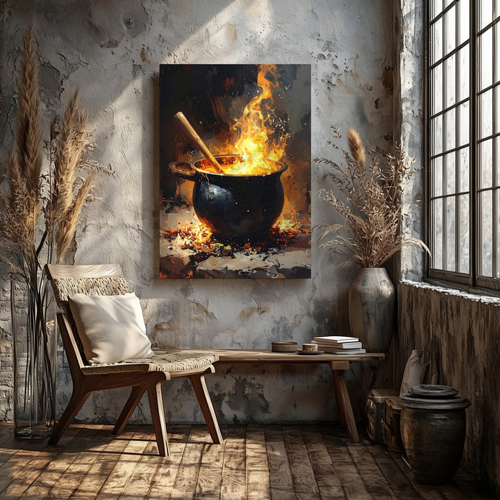 Fiery Witch’s Cauldron Canvas – Bubbling Halloween Spellcasting Wall Art - Gifitto