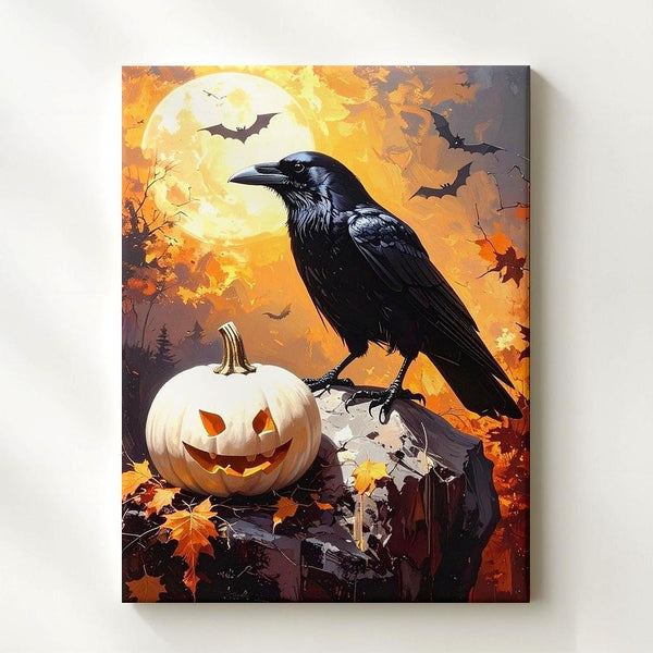 Crow & White Pumpkin Canvas – Dramatic Autumn Gothic Wall Art - Gifitto