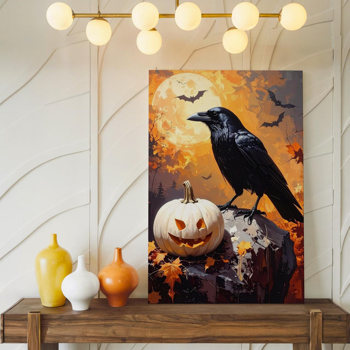 Crow & White Pumpkin Canvas – Dramatic Autumn Gothic Wall Art - Gifitto