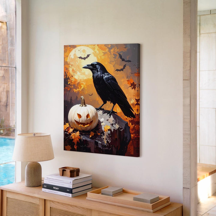 Crow & White Pumpkin Canvas – Dramatic Autumn Gothic Wall Art - Gifitto