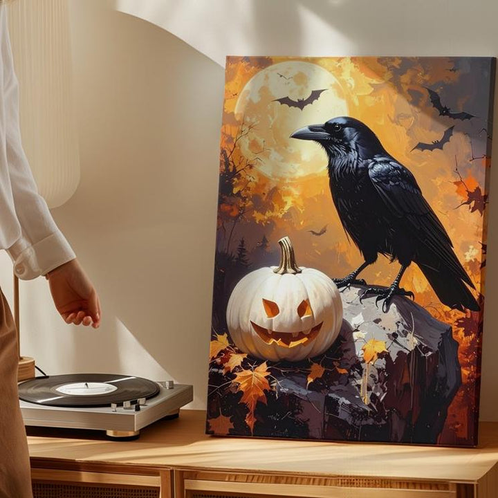 Crow & White Pumpkin Canvas – Dramatic Autumn Gothic Wall Art - Gifitto