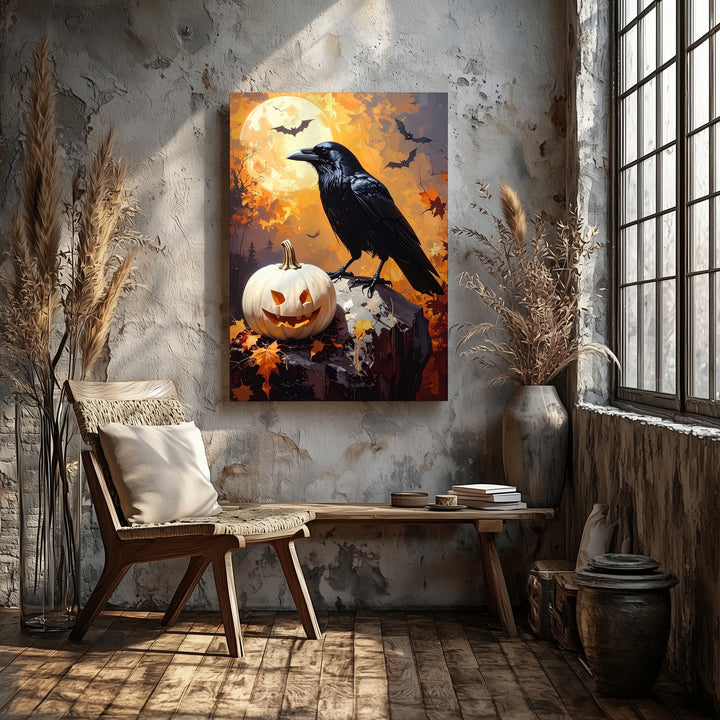 Crow & White Pumpkin Canvas – Dramatic Autumn Gothic Wall Art - Gifitto